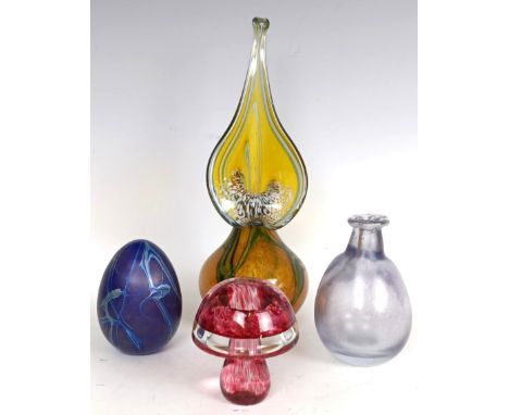 An Isle of Wight style glass vase, 30 cm high, another, 13 cm high, and two paperweights (4)left blue egg paperweight - Norma