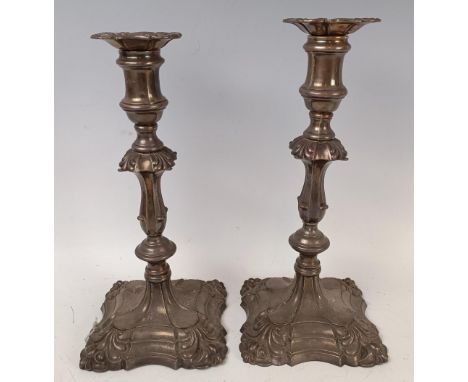 A pair of George III style silver plated candlesticks, 30 cm high (2)