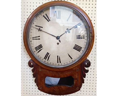 A 19th century mahogany wall clock, the 28 cm diameter painted dial with Roman numerals, fitted a single fusee movement, in a