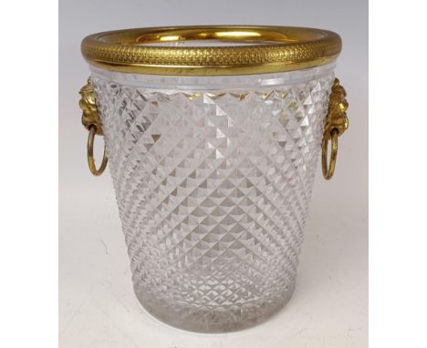 A glass and gilt metal champagne bucket, with lion mask ring handles, 21 cm diameter