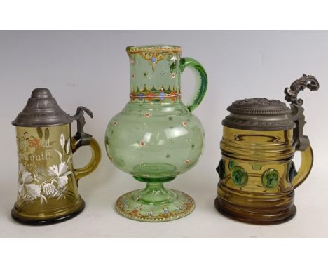 Two German glass steins, assorted cranberry and other glass (box)