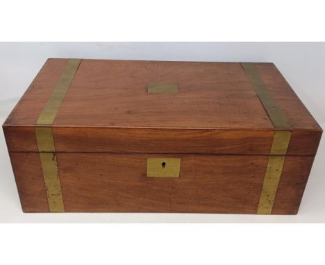 A mahogany and brass bound writing box, 46 cm wide, a set of three wall lights, and three prints