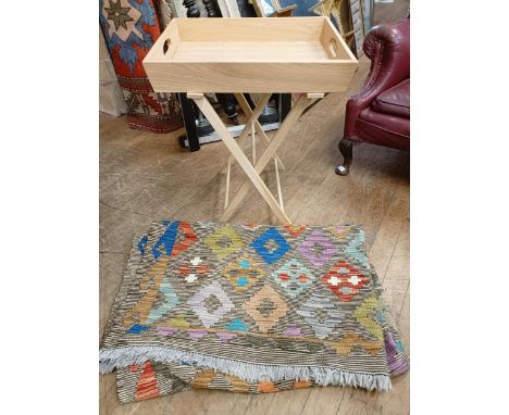 A mahogany chair, a modern butlers tray, a embroidered rug, and a double bed frame (4)