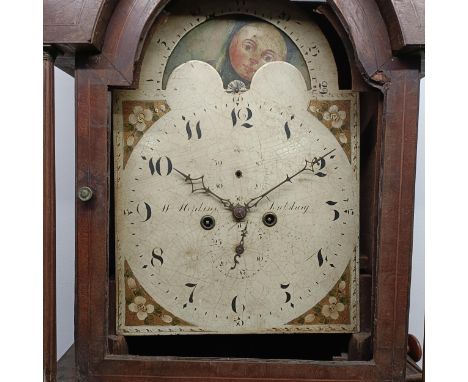 A longcase clock, the arched square painted dial with a phase of the moon, in need of restoration