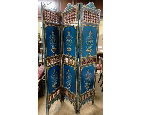 A painted Moroccan four panel screen, each panel 187 x 45 cm