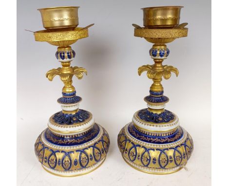 A pair of French Sevres style candlesticks, with gilt metal mounts, converted to lamps, 34 cm high (2)  Provenance: Sold on b