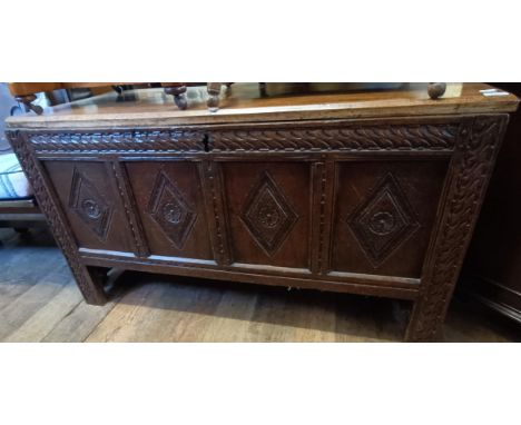 An oak settle, an oak coffer with a replaced top, and a childs highchair (3)