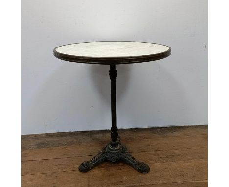 A pair of marble topped garden tables, on tripod bases, 60 cm diameter