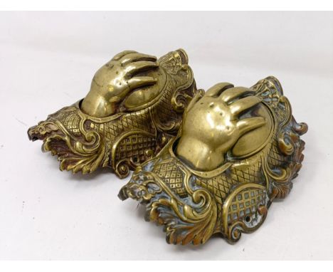 An unusual pair of French billiard table brass ball return pockets, in the form of hands, 16 x 12 cm