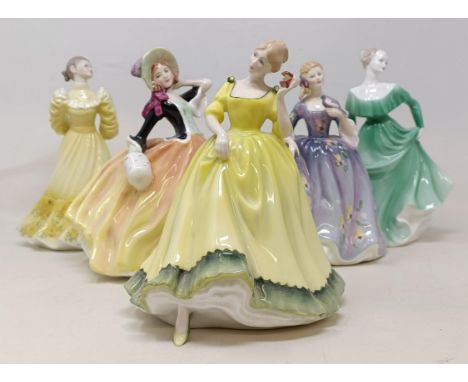 A Royal Doulton figure, Nicola, HN2839, Paula HN2906, three other Doulton figures, assorted ceramics and glass (3 boxes)