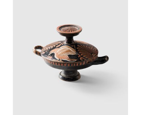 APULIAN LEKANIS SOUTHERN ITALY, 4TH CENTURY B.C. RARE SCENE painted terracotta, standing on a stem base with strap handles an