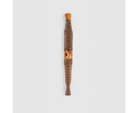 SHONA DAGGER ZIMBABWE wood, steel and brass thread, the handle and sheath both with flaring terminals, central attachment loo