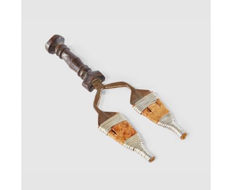 SHONA FORKED DAGGER ZIMBABWE wood, steel, pewter and leather, with ornate carved handle, forked blade and dual sheaths decora