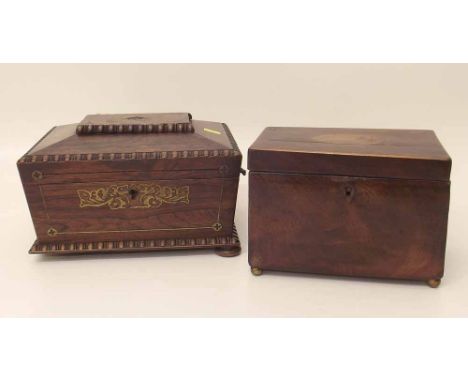 Regency rosewood and brass inlaid sowing box and mahogany and inlaid caddy Condition report: see terms and conditions