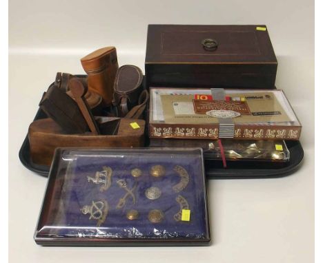 19th century mahogany tea caddy, together with a collection of coins, cap badges and stamps. Condition report: see terms and 