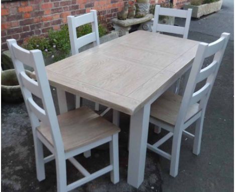 Oak extending dining table c/w 4 ladder-back chairs, tin table base and chair frames painted greystone Condition report: see 