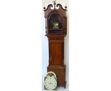 Oak longcased clock banded in mahogany, painted break arch dial with rolling moon, subsidiary date and seconds dials signed B