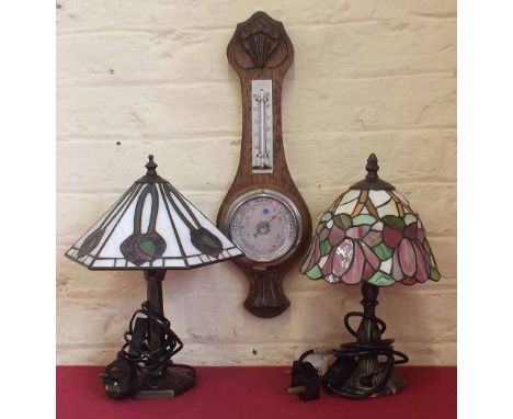 Pair of table lamps with Tiffany style glazed shades also a barometer Condition report: see terms and conditions