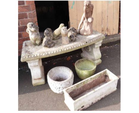 Pre-cast garden bench, 3 planters and 6 ornaments Condition report: see terms and conditions