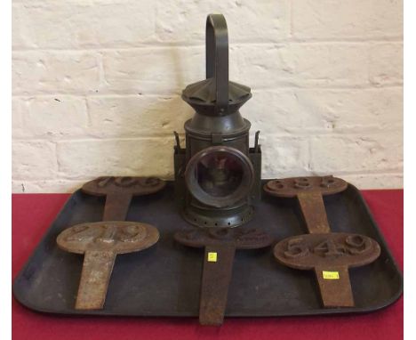 Five cast iron mileage markers (originally from Sussex/Brighton area) also a railway lamp marked with Military Arrow 1959 C.E
