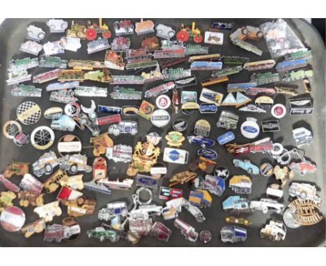 Large quantity of mixed enamel badges, Norton, Triumph, various tractors, Vespa, railway themed, panther, B.S.A., Yamaha, Ari