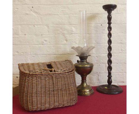 Wicker creel, brass oil lamp and ashtray stand Condition report: see terms and conditions