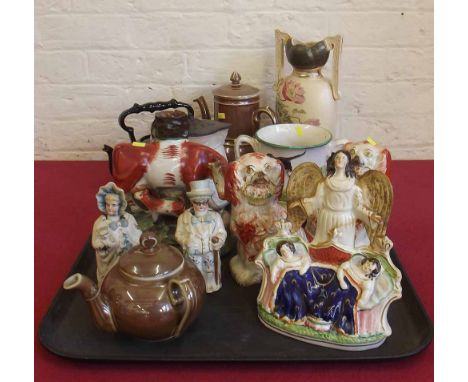 Four Staffordshire figures, frog mug, jug teapot, vase and two nodding figures, also a Jackfield type teapot and a coffee pot