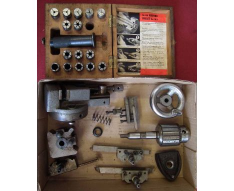Myford collet chuck, also a quick change tool post and four tools. Condition report: see terms and conditions