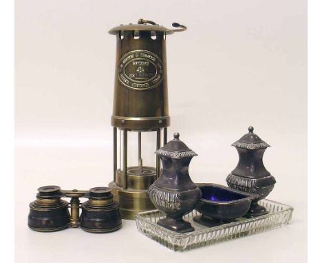 Thomas and Williams Cambrian miner's lamp together with a pair of opera glasses and a cruet set Condition report: see terms a