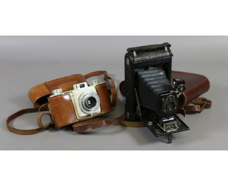 A leather cased Advocate camera and a cased vintage Kodak camera.