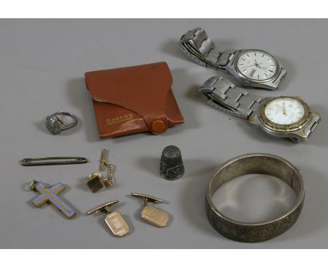 A Seiko and an Avia quartz watch, silver bangle, Ronson lighter and miscellaneous jewellery including gilt cufflinks and marc