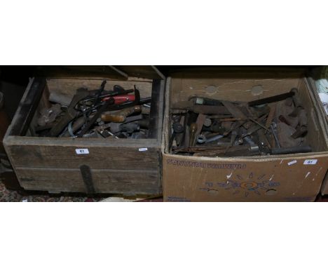 An antique pine tool chest and a box of old tools and miscellaneous.