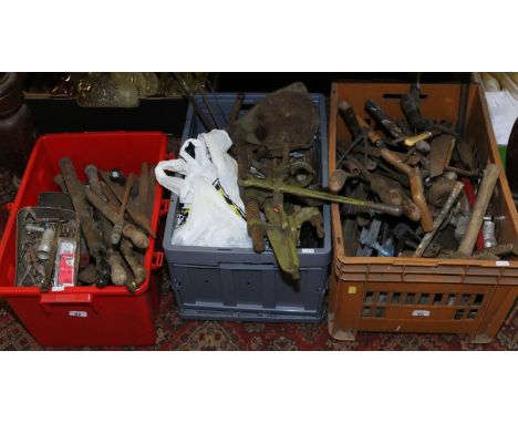 Three boxes of tools and miscellaneous including pesticide sprayers, files and electric motor and various hand tools.
