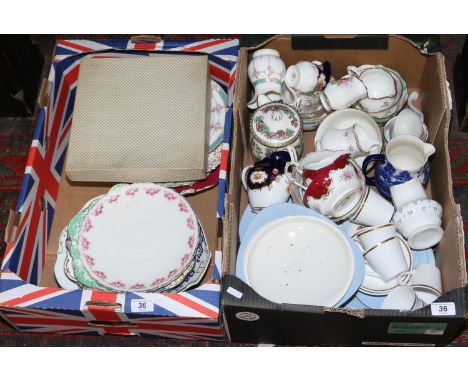 Two boxes of mixed bone china teawares including Paragon, Royal Tuscan, Royal Albert and Mintons etc.