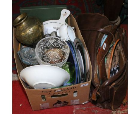 A box and a leather bag to include decorative plates, brass planter, ephemera, boomerang etc.