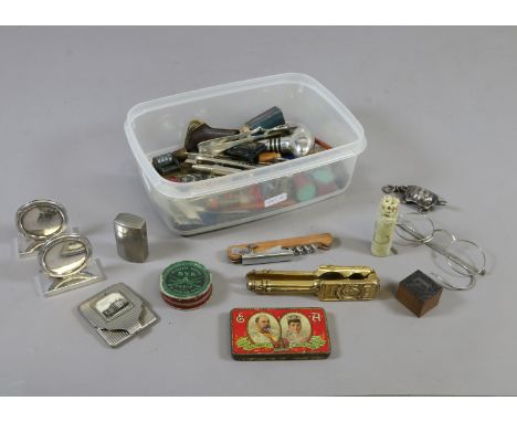 A box of gentleman's ephemera to include corkscrew, nut cracker, DVR superior wafers etc.