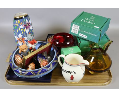 A group lot of collectables to include art glass vase, Royal Cauldron, advertising water jug for Allsopps Ale, Beswick footba