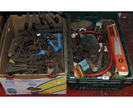 Two boxes of assorted old tools.