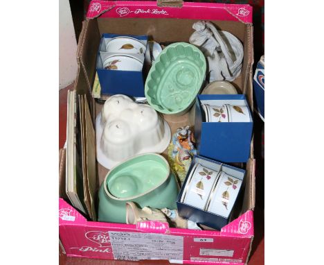 A box of miscellaneous Sylvac, Royal Worcester, Bristol kitchen ware and Parian basket etc.