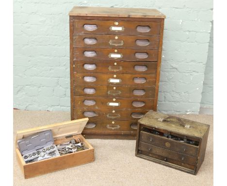 A tool chest and good quantity of engineers and lathe tools to include drill bits, micrometers, bore meters, spanners etc.