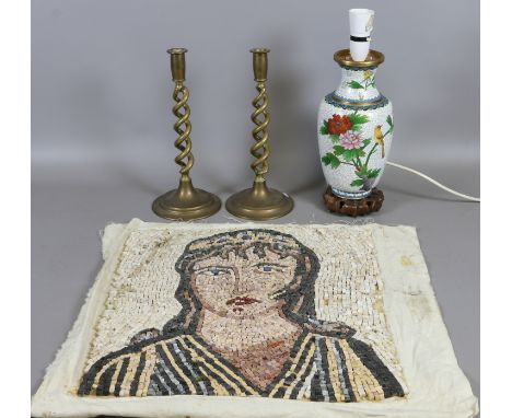 A lot of collectables including a cloisonne lamp base, a pair of brass candlesticks and a mosaic portrait of a woman mounted 
