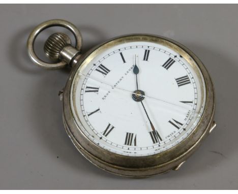 A silver plated pocket watch with white enamel dial and Roman numeral markers (AF).