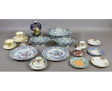 A collection of ceramics including pair of Masons Ironstone plates, New Chelsea trios, Noritake items and three Victorian tur