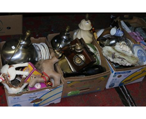 Three boxes of miscellaneous ceramics and collectables including Copeland Spode part dinner service, Midwinter service, metal