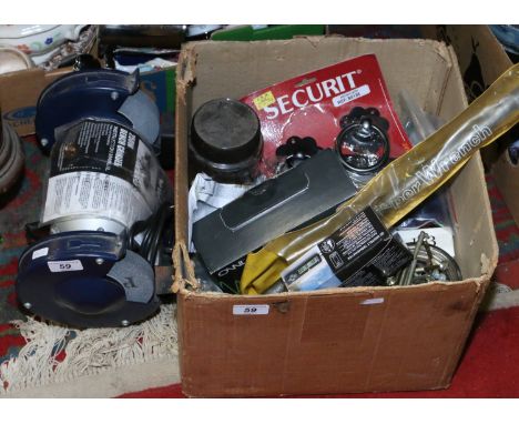 A Wickes 250w bench grinder along with a quantity of DIY items to include 'super wrench' electricity monitor, digital thermom