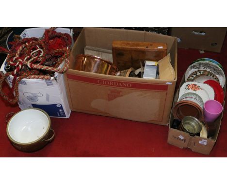 Four boxes of miscellaneous to include ceramics, pancheons, large green glass wine bottles, cookware and curtains with tie ba