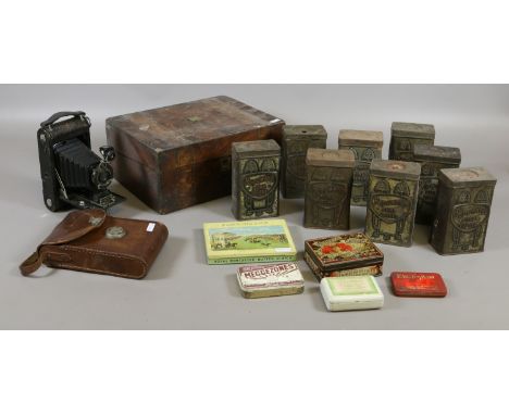 A lot of collectables including a marquetry inlay writing slope, Art Nouveau Ridings coffee tins, a vintage Kodak camera in c
