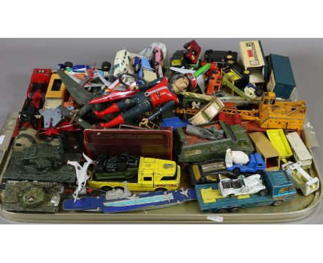 A tray of vintage toys mostly Diecast cars and aeroplanes including Matchbox and Corgi.