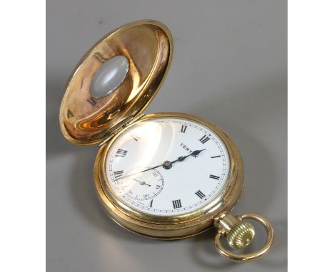 A Vertex gold plated half Hunter pocket watch with white enamel dial, subsidiary seconds and Roman numeral markers.