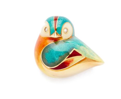A YELLOW GOLD AND ENAMEL MANDARIN DUCK BROOCH A mandarin duck brooch in 14k gold and gemset eyes   Marked 18K and&nbsp; 'Ital